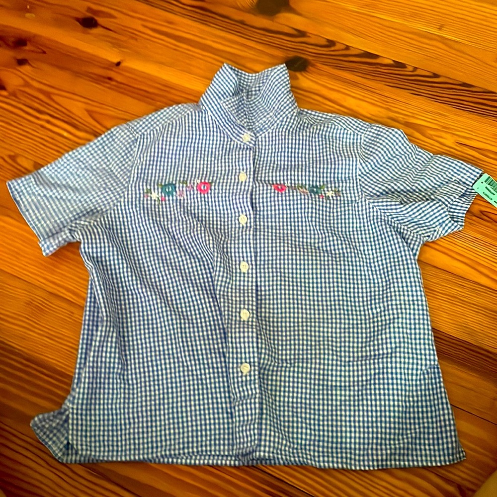 Blue and white checkered shirt for kids size M with flowers on it